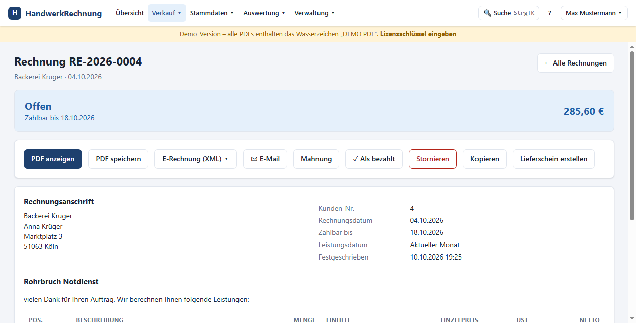 Rechnung mit allen Aktionen